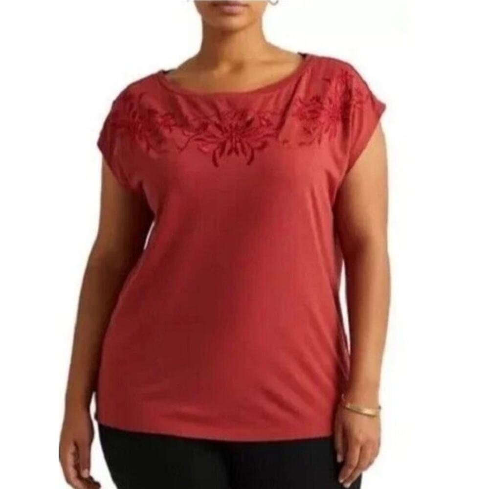 Lauren Ralph Lauren Red Short Sleeve Embroidered Cotton Modal T-Shirt Size XL